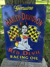 LARGE VINTAGE '53 HARLEY-DAVISON RED DEVIL MOTORCYCLE PORCELAIN SIGN 18