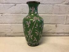 Antique Chinese Bronze Cloisonne Green Vase with White Tree Leave Decorations picture