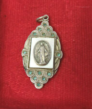 Old Sterling Silver CREED Miraculous Medal MOP Blue Rhinestone Pendant 6n 6.9 picture