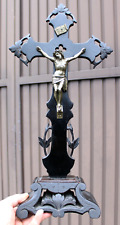 Antique napoleon III wood carved black lacquered table crucifix picture