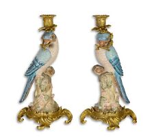 A PAIR OF BRONZE MOUNTED PORCELAIN PARROT CANDLE HOLDERS NEW FIGURE Candlesticks picture
