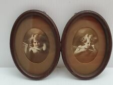 Antique 1897 Cupid Asleep & Cupid Awake Gold Oval Framed Photos M B Parkinson picture