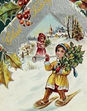 C. 1910 Children Snow Shoes Christmas Gold/Silver Embossed Postcard picture