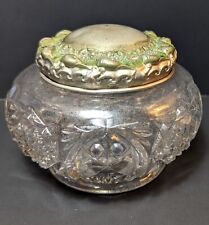 Antique Cut Glass Heavy Crystal Dresser Top Powder Box w/ Silver Plated Lid picture