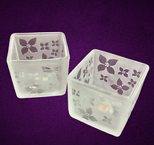 Set/2 PartyLite Votive Candleholders Cube Shape See-Thru Floral & Frosted Glass picture