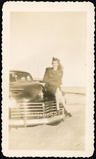 PRETTY STEWARDESS WOMAN SITTING ON CAR HOOD VINTAGE PHOTO picture