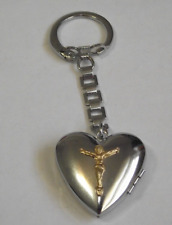 Vtg religious crucifix keychain heart locket pendant sweetheart photo picture