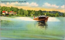 Speed Boating Long Lake Naples Me Linen Reflection Vintage Postcard picture
