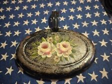 Antique Metal Tole Toleware Hand Painted Roses Floral Handled Oval Silent Butler picture