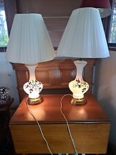 2 Vintage MCM Table Lamps 3 Way Light White Glass Gold Metal Inlay Leaf 31