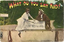 Woman and A Man On A Closed For Repairs Sign, What Do You Say Kid? Postcard picture