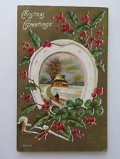 1909 Antique Postcard Christmas Embossed Holly Winter Scene Snow House A569 picture