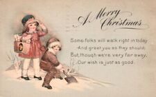 Vtg Postcard Merry Christmas Young Girls in Period Dress Gifts Snow Posted 1924 picture
