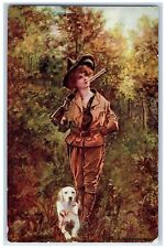 Lady Hunter Postcard On The Trail With Rifle Dog Forest Scene c1905 Antque picture