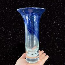 1980s Polish Art Glass Vase White Cobalt Blue Spots Vase Made In Poland Vintage picture