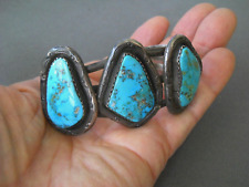 Heavy-Gauge Native American Navajo Turquoise 3Stone Sterling Silver Bracelet 80g picture