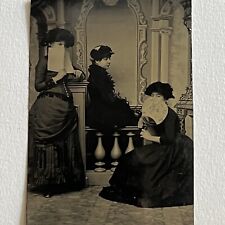 Antique Tintype Photograph Beautiful Women Behind Fan Book Great Backdrop Props picture