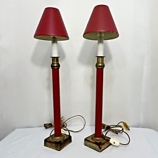 Vintage Pair Of Electric Candlestick Lamps With Metal Shades Red Burgundy Brass picture