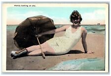 Beach Bathing Beauty Postcard With Umbrella Here's Looking At You c1930s Vintage picture
