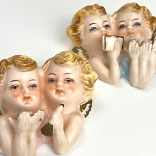 Vintage Cherub Angel Head Pair Ceramic Wall Hanging Decor Figurines Set of 2 picture