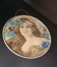 Antique Brunette Victorian Lady Flue Cover Metal Round Frame Pansy Flowers Blue picture
