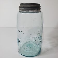 Vintage Atlas Mason's Patent Jar Clear Light Blue Tint Glass With Metal Lid  picture