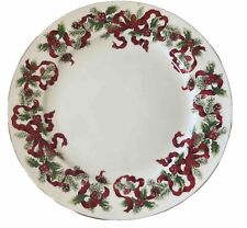 Set Of 4 World  Bazaars Christmas Ribbon Dinner Plates Gold Trim 10inch picture