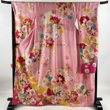 Kimono Furisode Length 164Cm Sleeve 69.5Cm L Temari Flowers Gold Dyed Pink Pure picture