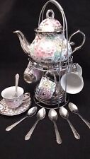 20 Pc Tea Set Pot 6 Cups Saucer Spoon Rack Silver Multi Gift Tea Party picture