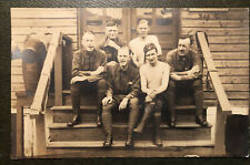 Antique Vintage AUTHENTIC PHOTO Post Card WW 1 Six Soldiers On Barracks Steps picture