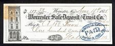 1875 Worcester Safe Deposit & Trust Co. $117.89 Bank Check w/ Building Vignette picture