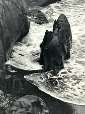 Bg) Found Photograph 8x10 Black Sand Rocks Shore Ocean Sea Artistic B&W picture