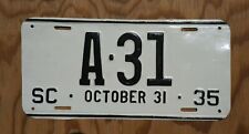 1935 South Carolina License Plate Low Digit Number # A - 31 picture