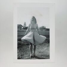 Pretty Girl's Skirt Lifting Photo 1930s Wind Blown Young Woman Smiling A3713 picture