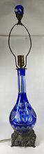 Vintage Bohemian Cobalt Blue Cut to Clear Glass Table Lamp w/ Brass Base picture