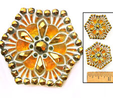 RADIANT 27mm Vintage Czech Glass GOLD Fire AB Lacy HEXAGON Nailhead Buttons 2p   picture