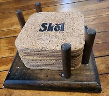 Set of 8 SKOL Cork 4.25 Inch Coasters in Knock on Wood Corp Wooden Rack picture
