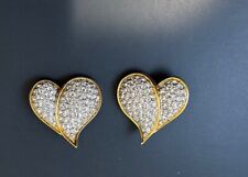 SIGNED SWAROVSKI VINTAGE HEART EARRINGS GOLD TONE WITH PARVEY CRYSTALS. picture