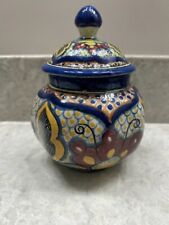 Mexican Talavera Lidded Covered Sugar Bowl Jar Canister Colorful 4.5” picture