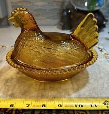 VINTAGE INDIANA AMBER TOPAZ GLASS HEN ON A NEST COVERED 2PC DISH picture