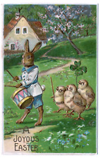 Easter Vintage Postcard Dressed Humanized Rabbit Drum Chick Parade Fantasy Gold picture