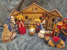 Vintage Handmade Fabric Nativity Set Stuffed Manger Scene Christmas Cradle Hymn picture
