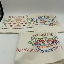 Vintage Three Hand Embroidered Tea Towels Some Staining And Mending picture