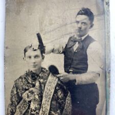 Antique Vintage Tintype Photo Barber With Man Client Comb & Brush Occupation picture