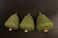 VINTAGE Green Bell Xmas Silk Satin Wrapped Glitter Christmas Ornaments 3 Lot Set picture