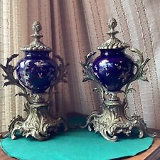 2 Beautiful Bronze/Brass Porcelain Glass Decorative Mantle Pieces Urn/Lamp ? picture