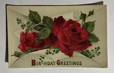 Vintage Antique Happy Birthday Postcard Greeting Card Red Roses Flowers Bouquet picture