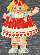 Vintage Valentine Card Mechanical Girl Red Dress Eyes Blink Legs Arms Move Torn picture