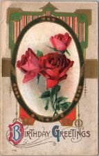 Vintage 1910s BIRTHDAY GREETINGS Embossed Postcard Red Roses / UNUSED picture
