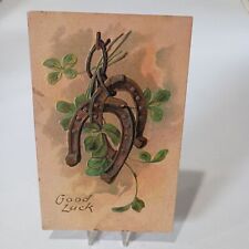 Postcard Greetings Good Luck Horseshoe 4 Leaf Clover  Embossed 101691 picture